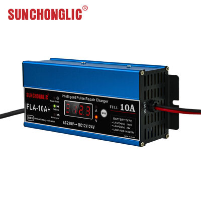 FLA-10A+ 10A Smart Lithium Battery Charger with Pulse Repair Technology for 12V/24V LiFePO4 and Lead-Acid Batteries